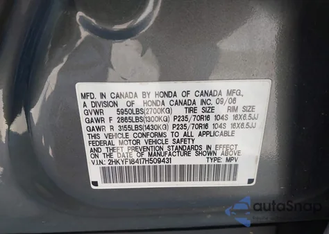 2007 Honda Pilot Ex from USA, damaged, VIN 2HKYF18417H509431